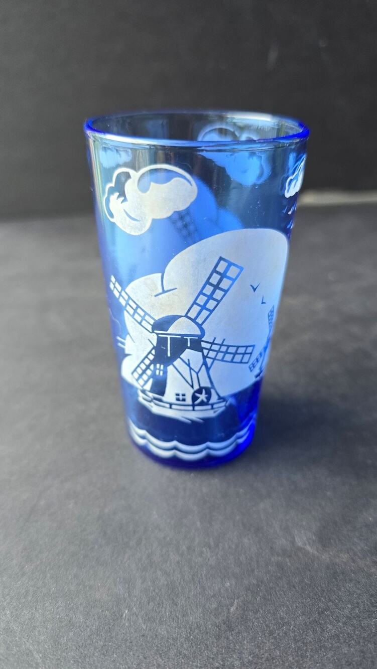 Cobalt Blue Windmill Tumbler White Scenic Print Decorative Barware Drinkware